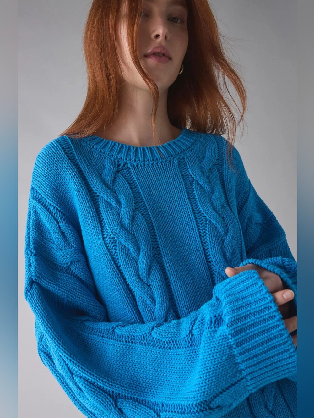 Nwt Oversized Chunky Cable Knit Blue Fisherman Sweater S